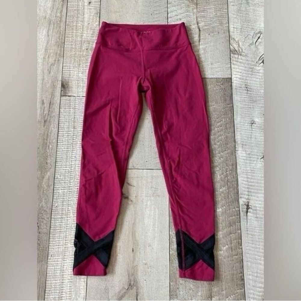 Beyond Yoga High Waisted Leggings Burgundy Mesh Criss Cross Ankle Tights Small